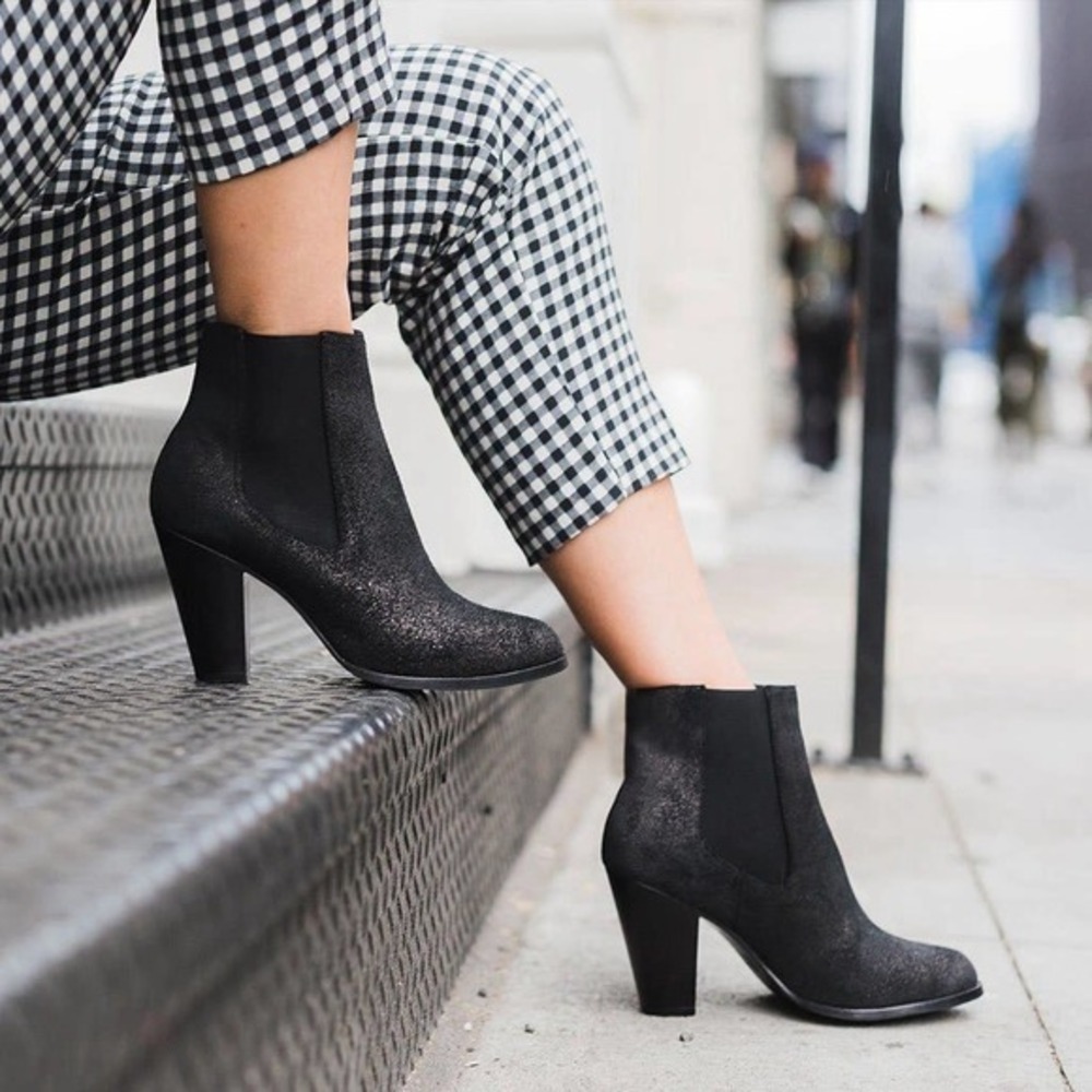 Thursday Boot Galaxy Avenue Black Shimmer Suede High Heel Ankle Boots